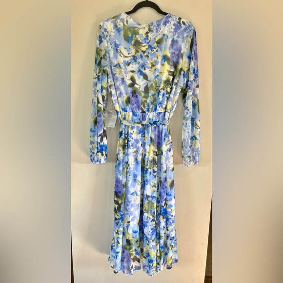 Marina FLORAL‎ LONG SLEEVE FAUX WRAP DRESS Blue Green Chiffon Size 14 Midi NWT - Picture 2 of 14